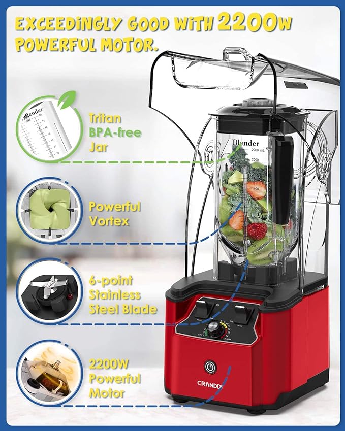 CRANDDI Commercial Quiet Blender, 2200 Watt Professional Countertop Blender with BPA-FREE 80oz Pitcher, Built-in Pulse & 15-speeds Control, Smoothie Blender for Commercial and Home, K90 Red