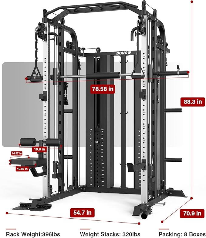 DONOW Smith Machine with Weight Stacks Power Cage Squat Rack Dual Cable Crossover Machine Home Gym Systems Station LAT Pull Down