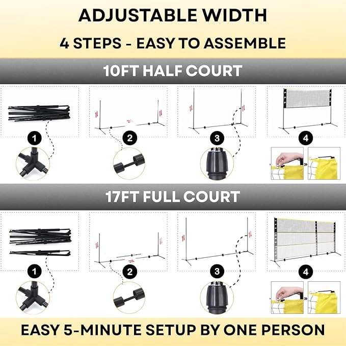 Complete Badminton Sets (10FT/17FT) Adjustable Width, Adjustable Height (2.8/5.1/7.4FT), Badminton Pickleball Volleyball Set with Net, 4Racket+4Paddels+Volleyball for Outdoor Family Game.