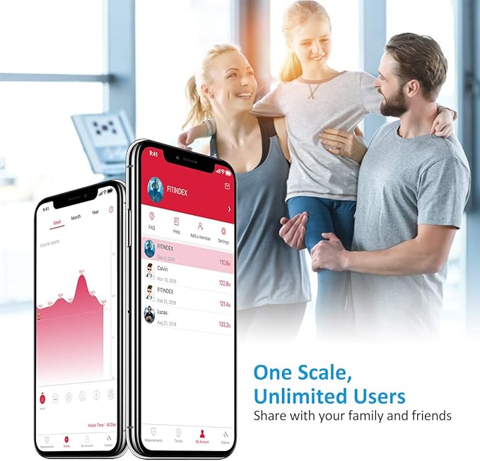 FITINDEX Scale with BMI, Body Fat, Muscle Mass, Smart Scale for Body Weight, Bluetooth, Digital, Sync with App, User Health Equipment
