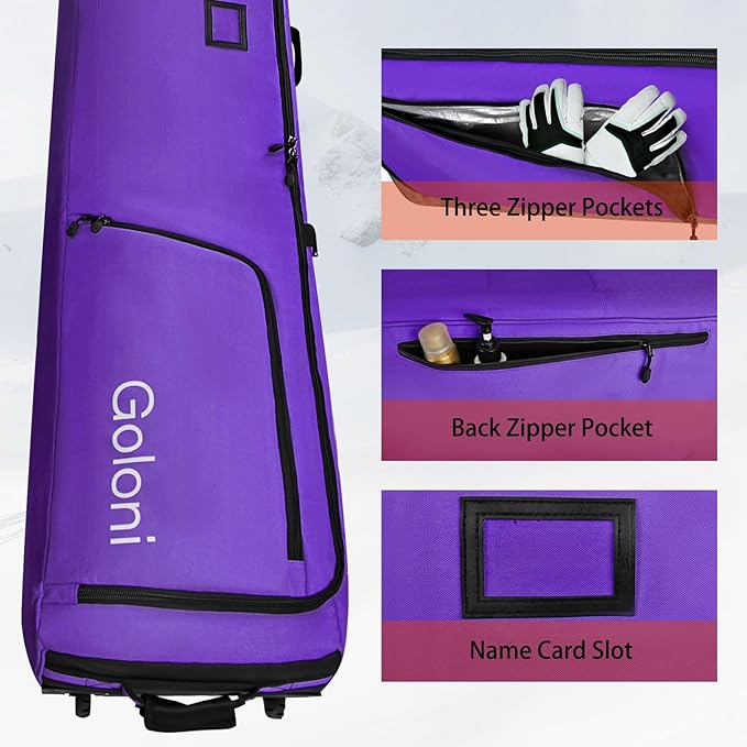 Goloni Ski Bag with Wheels,Padded Snowboard Bag for Air Travel,600D Waterproof Fabric,Foldable Snow Bag Fits 2 Pairs Skis