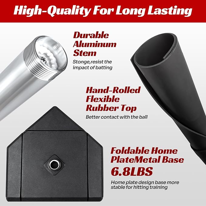 Batting Tee For Baseball And Softball With Traditional Home Plate Base,Alumium Stem,Handroll Rubber Top,Height Adjustable 24 to 46 inche For kids and Adults,Portable Baseball Tee Softball Tee