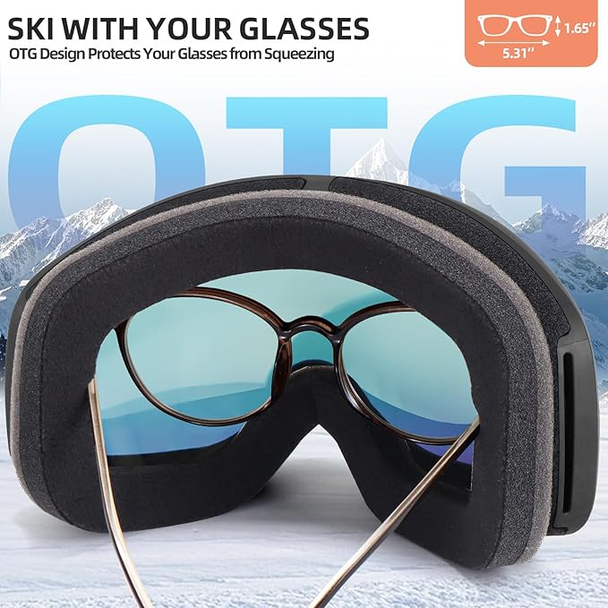 Freela Ski Goggles OTG Men Women, Over Glasses Snow Snowboard Sports Goggles for Adult Youth 100% UV400 Protection Anti Fog