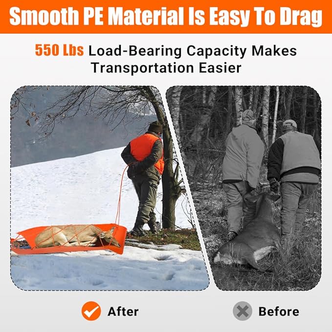 Deer Drag Sled - 1.2mm Thickened Tear-Resistant, 550Lbs Load Capacity Multi-Purpose Deer Cart with Non-Slip Handle for Hauling Hunter Trophies and Discarded Debris on Snow, Sand, Mud, Grass