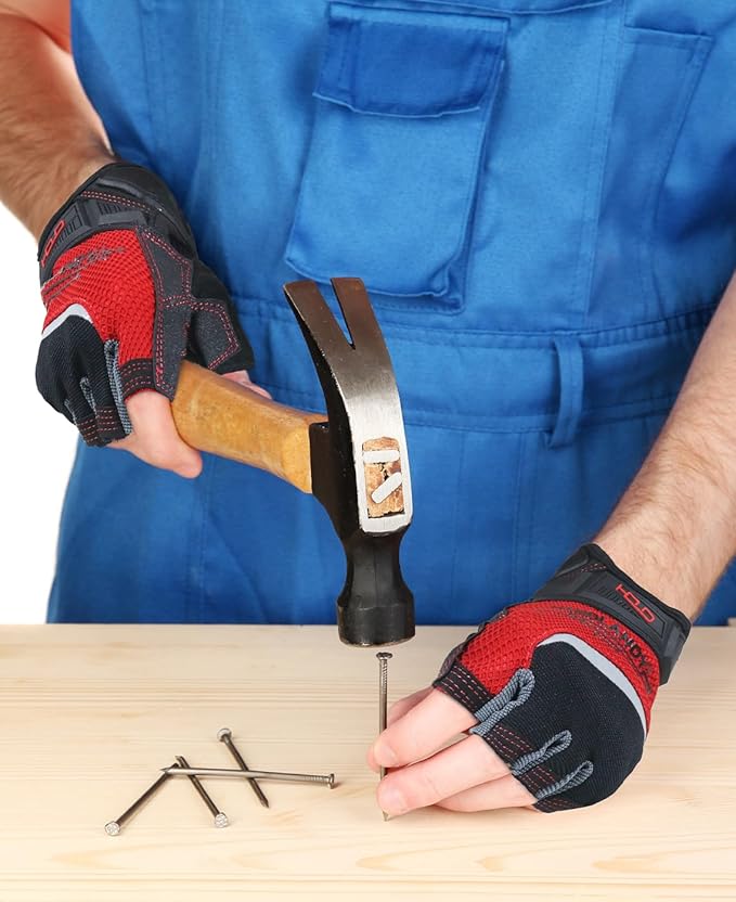 HANDLANDY Fingerless Work Gloves for Men, Half Finger Working Glove Grip Shock-Absorbing Breathable Uwrist TPR Anti-Collision Gloves for Mens & Women (XL)