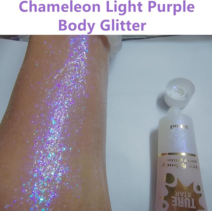 Go Ho Chameleon Light Purple Body Glitter Gel,Color Changing Light Purple Face Glitter,Holographic Fine Chunky Sequins Glitters,Reflective Sparkly Festival Rave Accessories
