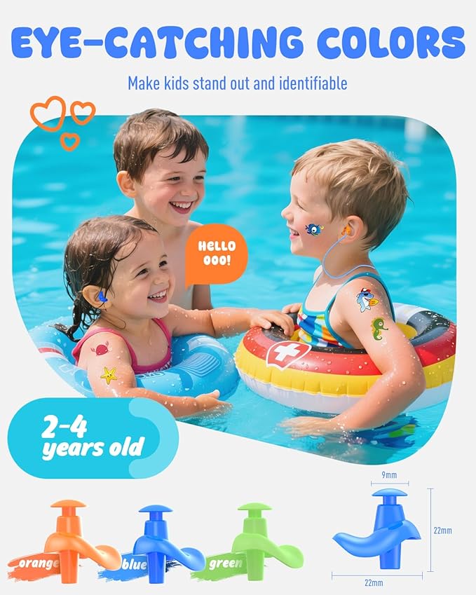 Hearprotek 3 Pairs Swimming Ear Plugs for Kids, Soft Silicone Reusable Waterproof Earplugs for Toddlers Bathing Swimming and Other Water Sports(Blue/Orange/Green)
