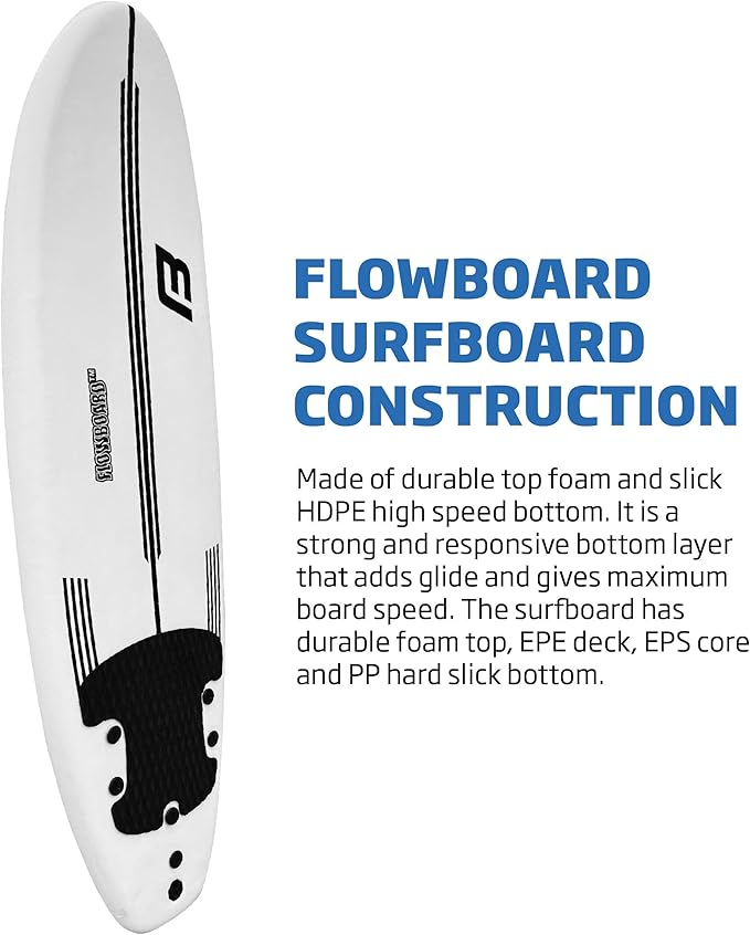 FLOWBOARD Surfboard Softboard Foam - Include (3) Fins 6’ Foot Leash and (2) Wood Stringers Inside Board Availalable in 6' and 7' Short Board and 8' Longboard