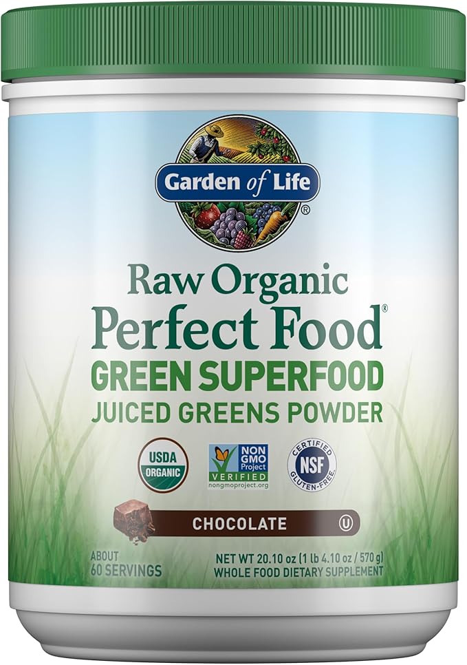 Garden of Life Raw Organic Perfect Food Green Superfood Juiced Greens Powder - Chocolate, 60 Servings, Non-GMO, Gluten Free, Vegan Whole Food Dietary Supplement Plus Probiotics, Enzymes