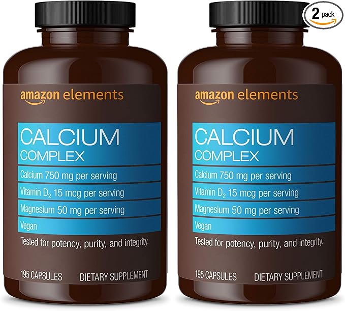 Amazon Elements Calcium Complex with Vitamin D, 250 mg Calcium (3 per Serving), Vegan, 195 Capsules (Packaging May Vary), Supports Strong Bones and Immune Health (Pack of 2)