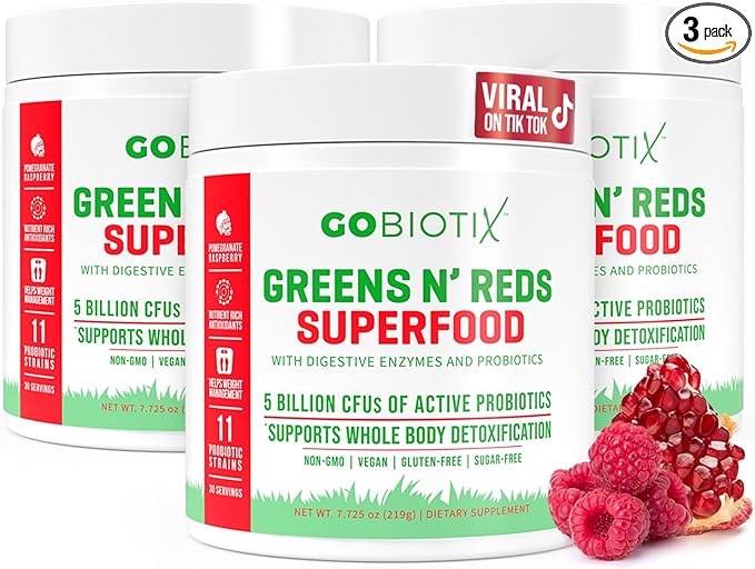GOBIOTIX Super Greens and Reds Powder - Red and Green Superfood - Probiotic Supplement - Digestive Enzymes and Beet Root Powder - Organic Whole Foods Dietary Supplement (Pom Raspberry, 3 Pack)