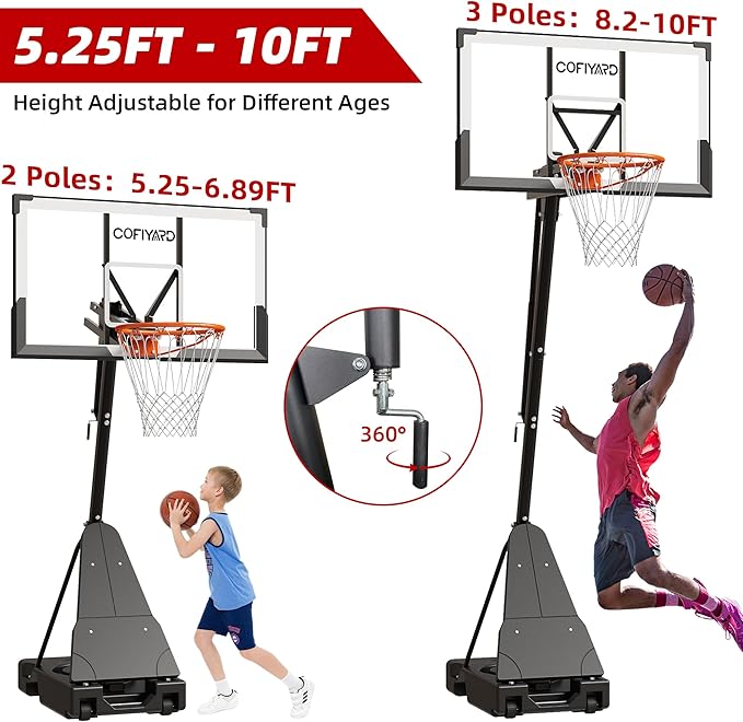 Basketball Hoop Outdoor with 44/54 Inch Shatterproof Backboard, 5.25-10FT Height Portable Basketball Hoop with Sandbag, Adjustable Basketball Goal System