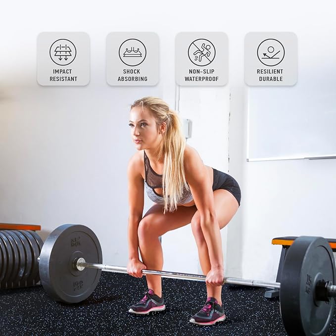 AIRHOP 0.56in Thick 24 Sq Ft Exercise Equipment Mats, 6 Tiles Upgraded Rubber Top with High Density EVA Foam, Large Interlocking Puzzle Gym Flooring for Home Gym, Heavy Weight Workout,Black & Blue