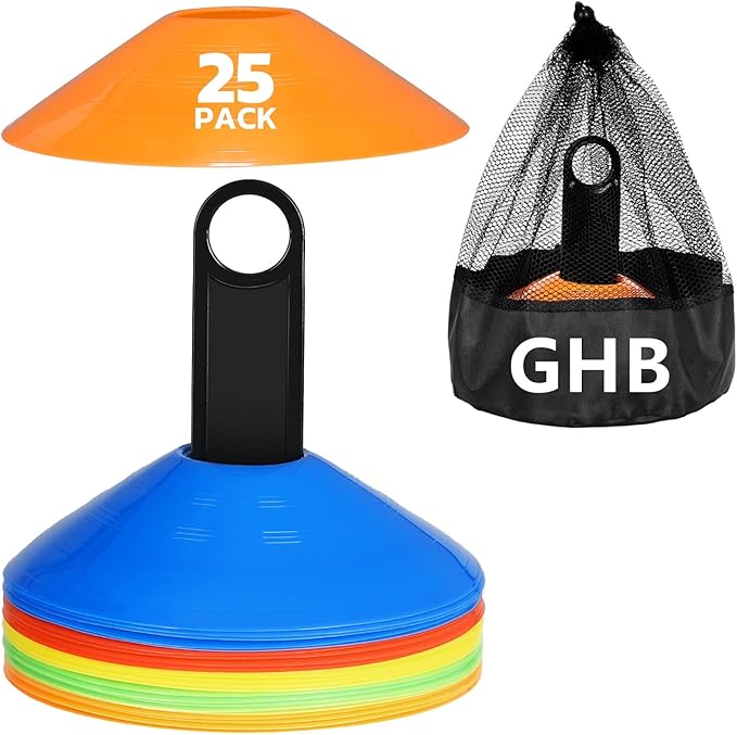 GHB Soccer Cones 25/50/100 Pack Disc Soccer Sport Cones Training Field Marker Agility Cones for Traffic, Basketball, Coaching, Practice Equipment Includes Cone Drills Guide