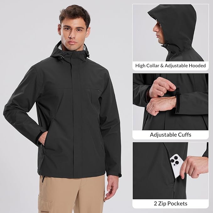 baleaf Men's Rain Jacket Waterproof Breathable Raincoat with Hood for Outdoor Hiking Traveling Cycling Windbreaker
