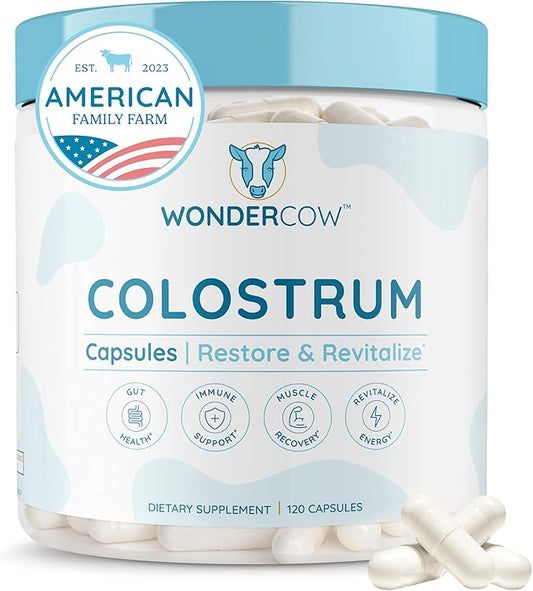 Colostrum Capsules Supplement for Gut Health, Immune Support, Muscle Recovery & Wellness | Natural IgG Pure Whole Bovine Colostrum Superfood, Unflavored, 30 Servings
