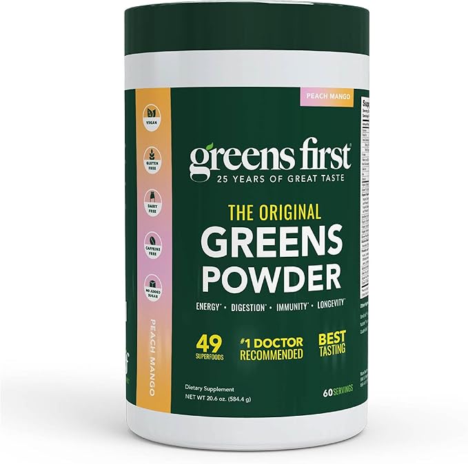 Greens First Original Greens Powder - 49 Superfoods - Organic Fruits & Veggies - Prebiotics, Probiotics & Digestive Enzymes - Antioxidant Smoothie - Dairy Free/Vegan/Non-GMO (Peach Mango, 60 Servings)