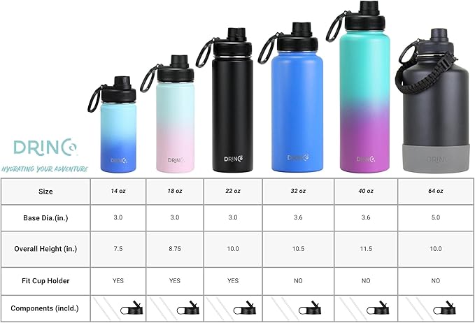 DRINCO Stainless Steel Water Bottle Spout Lid Vacuum Insulated Double Wall Water Bottle Wide Mouth (40oz 32oz 22oz 18oz 14oz) Leak Proof Keep Cold Sport Camping Hiking (22 oz, 22oz Purple)