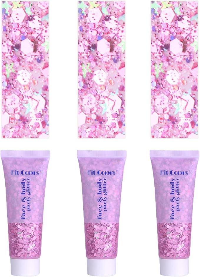 Face Body Glitter, Hair Glitter Sparkles Chunky Face Glitter Gel for Girls Makeup Singer Concerts Mermaid Festival Sequins Face Paint (3pc Pink)