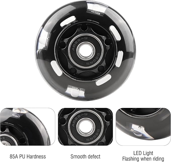 8pcs Inline Skate Wheels Led Light-Up Wheels 64/70/72/76/80mm w/Bushings 85-88A for Kids and Youth Beginners Children's Inline Skates Indoor/Outdoor Use (Black, 64mm)