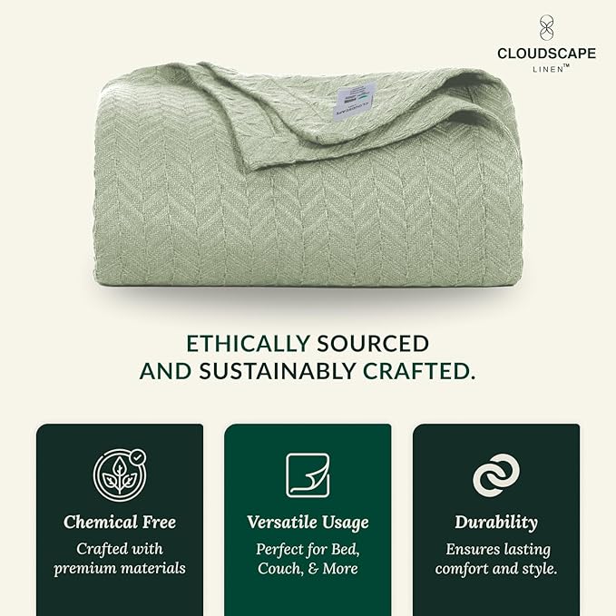 Cloud Scape Linen 100% Cotton Queen Size Blanket, Herringbone Pattern, Lightweight Summer Blanket,Best Gifts for Women, fits Full Size Bed, 92 x 92, Seafoam Green