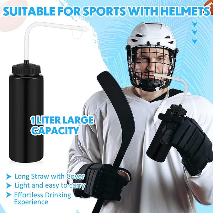 Domensi 2 Pack 1 Liter Sports Water Bottle with Long Straw Hockey Lacrosse 34 Oz Water Bottle Easy Squeeze Plastic Use with Sport Helmet in Football Baseball(Black,No Printed)