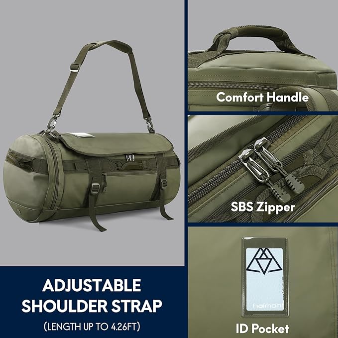 Haimont 45L Gym Duffle Backpack Bag Convertible Travel Duffle with Shoes Compartment for Men Women with Straps, Water-resistant, Army Green