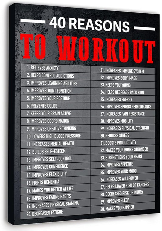Gwisml 40 Reasons To Workout Wall Art,Inspirational Exercise Fitness Canvas Frame Paintings For Gym Sports Room Home Workplace Wall Art Decor