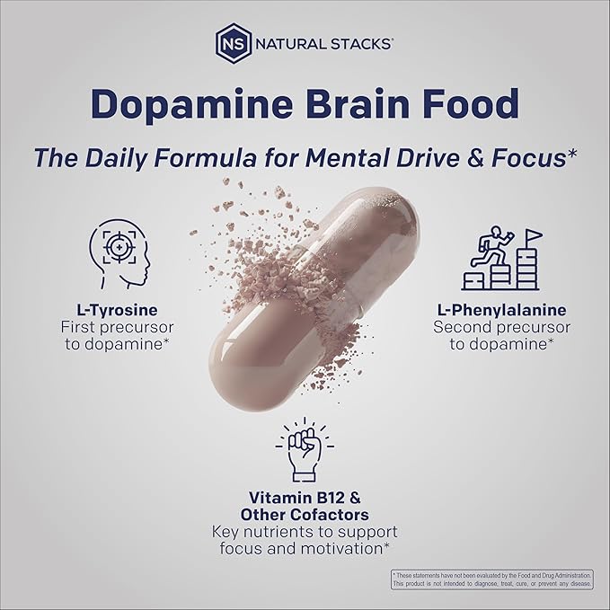 Dopamine Brain Food - 650mg L-Tyrosine Supplement - Dopamine Supplement for Focus & Mental Drive - Supports Mental Energy - Neurotransmitter Support with B Vitamins - 60 Capsules