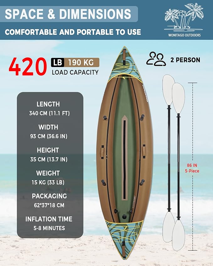 Inflatable Kayak, Portable Ripstop Oxford Cloth Recreational Touring Kayak with Fiberglass Kayak Paddle, Hand Pump and Carrying Bag, 1/2 Person