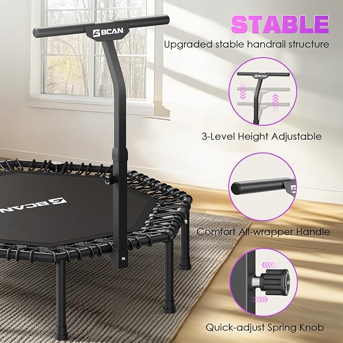 BCAN 51" Octagonal Mini Trampoline, Max Load 450 LBS Fitness Trampoline with T-Adjustable Handle Bar, Silent Bungees, Larger, More Stable, Quieter Exercise Rebounder for Adults Indoor/Garden Workout