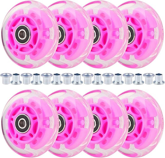 8pcs Inline Skate Wheels Led Light-Up Wheels 64/70/72/76/80mm w/Bushings 85-88A for Kids and Youth Beginners Children's Inline Skates Indoor/Outdoor Use (Pink, 76mm)