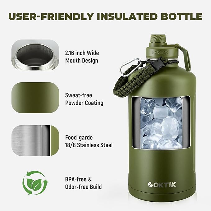 COKTIK 128 oz Insulated Water Bottle, Triple Wall Stainless Steel Flask, Keeps Drinks Cold for 48 Hrs Leak-Proof & BPA-Free Half Gallon Jug with Paracord Handle, Straw & Spout Lids(Army Green)