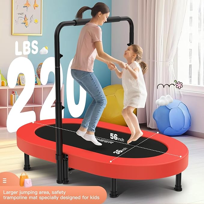 ANCHEER 56" Double Mini Trampoline for Kids, Mini Rebounder with 5-Level Adjustable Handle, Parent-Child Trampoline for Kids, Max Load 220lbs, Fun for Indoor/Outdoor