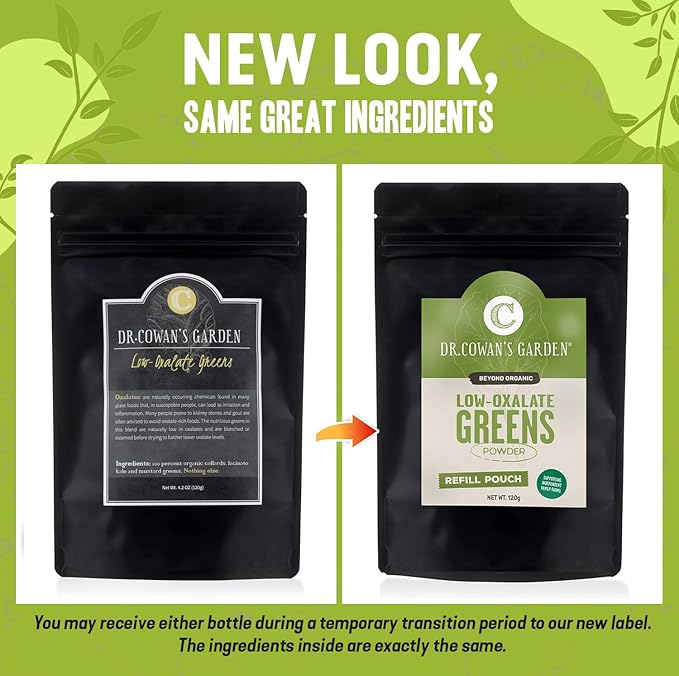 Dr. Cowan's Garden Low-Oxalate Greens Veggie Powder Refill Pouch - Beyond Organic Superfood Greens Vegetable Powder for Drinks and Food - Lacinato Kale, Mustard Leaves, and Collard Greens