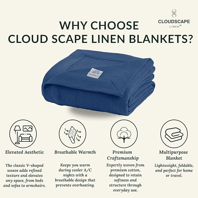 Cloud Scape Linen Herringbone Cotton Throw Blanket for Couch, Bed,Sofa, Home Decor, Soft, Lightweight, All-Season Bed Blanket, 50 x 70,Ensign Blue