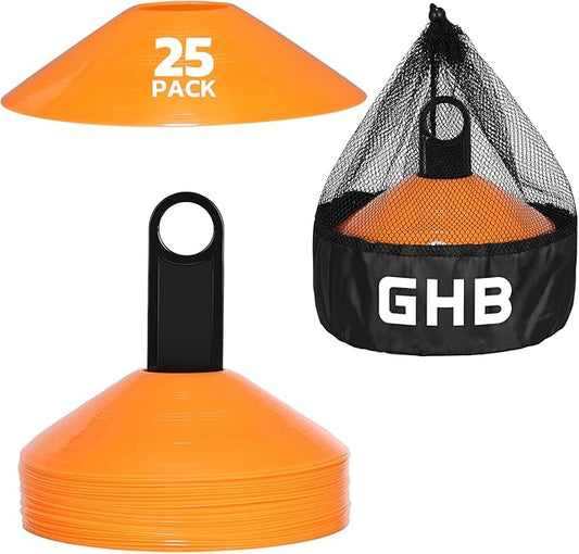 GHB Soccer Cones 25/50/100 Pack Disc Soccer Sport Cones Training Field Marker Agility Cones for Traffic, Basketball, Coaching, Practice Equipment Includes Cone Drills Guide