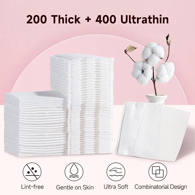 600 PCS Square Cotton Pads, Soft and Lint-Free, Includes 400 Ultra-Thin and 200 Thick Pads, Hypoallergenic Makeup Remover for Face, Eyes and Lips and Daily Skin Care