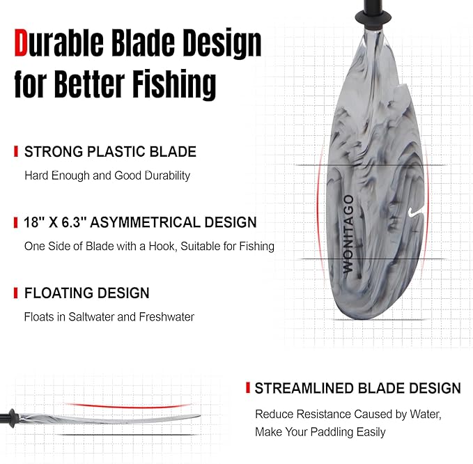 Angler Kayak Paddles Aluminum Paddle with Plastic Blades and Paddle Leash, Floating Adjustable Fishing Kayak Oars, 3 Piece, 230-250cm/90-98 inch