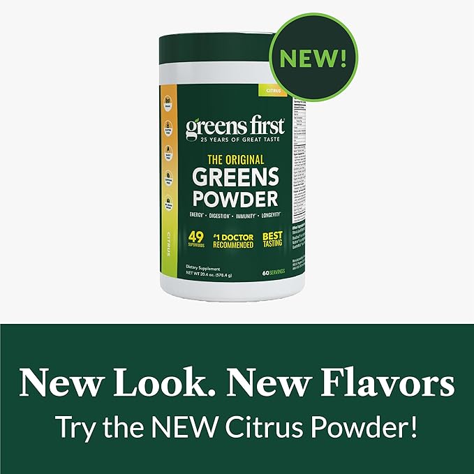 Greens First Original Greens Powder - 49 Superfoods - Organic Fruits & Veggies - Prebiotics, Probiotics & Digestive Enzymes - Antioxidant Smoothie - Dairy Free/Vegan/Non-GMO (Citrus, 60 Servings)