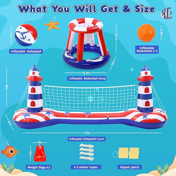 EagleStone Inflatable Pool Float Set with Volleyball Net & Basketball Hoop,2-in-1 Floating Water Games for Kids Adults, Backyard Beach Summer Toys, Heavy-Duty PVC Family Pool Party Essentials