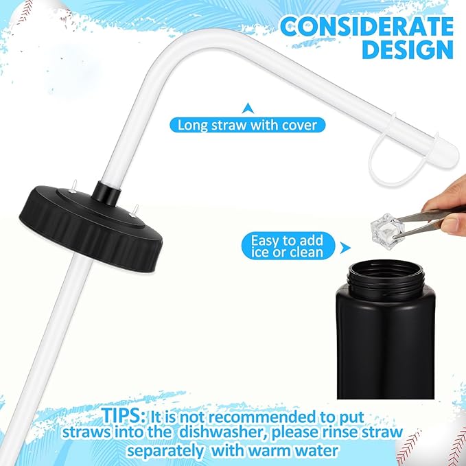 Domensi 4 Pack 1 Liter Sports Water Bottle W/long Straw Hockey Lacrosse Water Bottle with Straw Bpa Free Squeeze Plastic Use Sport Helmet in Football Baseball Gym(Black,Classic)