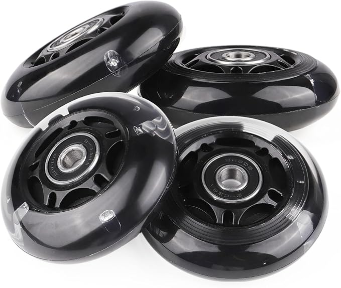 8pcs Inline Skate Wheels Led Light-Up Wheels 64/70/72/76/80mm w/Bushings 85-88A for Kids and Youth Beginners Children's Inline Skates Indoor/Outdoor Use (Black, 70mm)