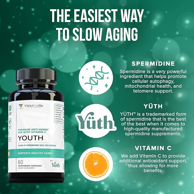 Enhanced Absorption Pure Spermidine Supplement - 99% Standardized Spermidine 3HCL Anti Aging Supplement for Women and Men’s Longevity Brain Telomere Heart Cell and Skin Support - 60 Servings