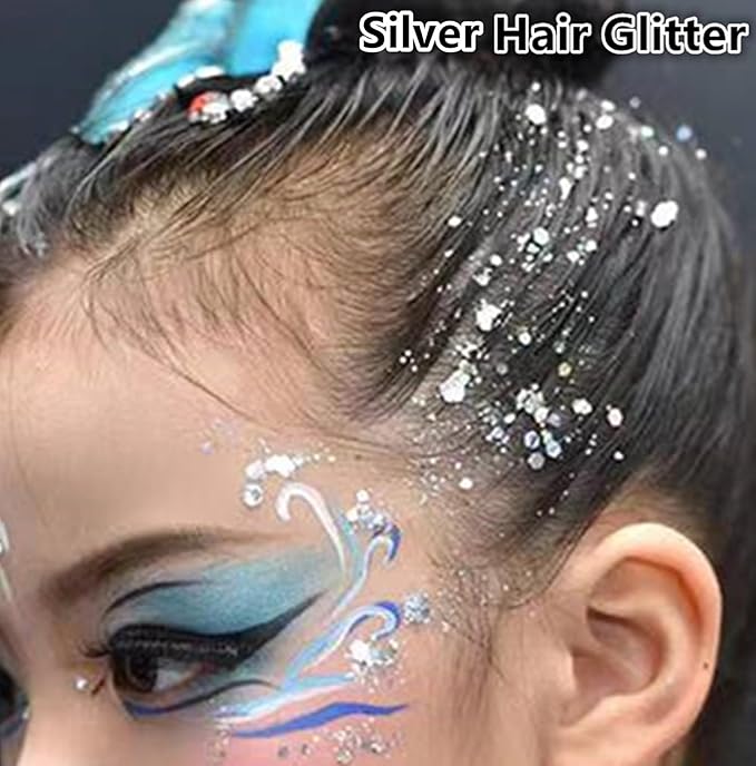 Go Ho Silver Face Body Glitter Gel,Singer Concerts Silver Face Paint Makeup,Holographic Chunky Glitters for Hair/Lip/Nails on Party Halloween Makeup,Festival Rave Accessories,52g
