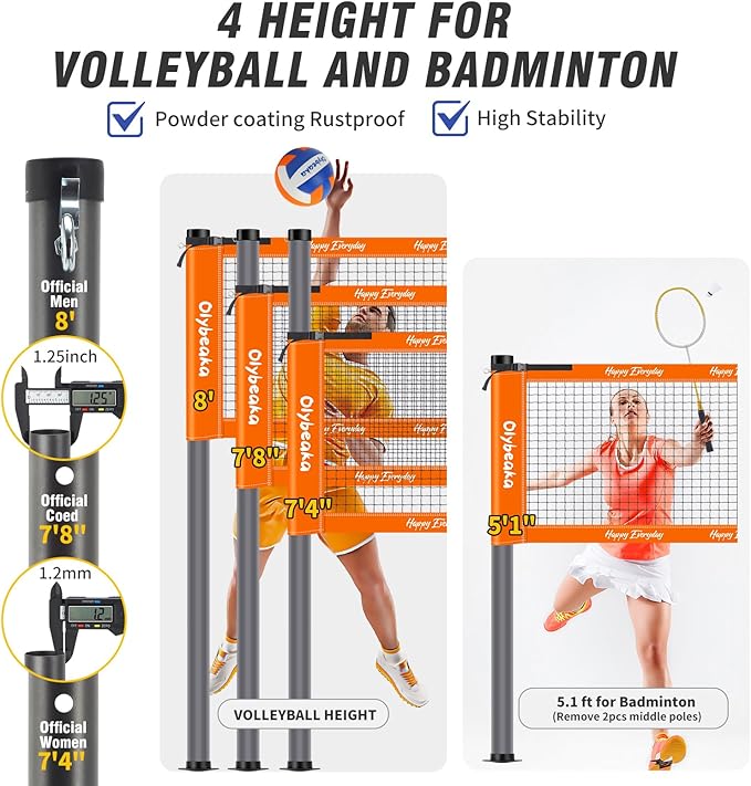 Badminton & Volleyball Combo Set 32 ft with Net, Anti-Sagging Design, 4 Badminton Rackets, 3 Birdies and PU Volleyball for Backyard Lawn Beach
