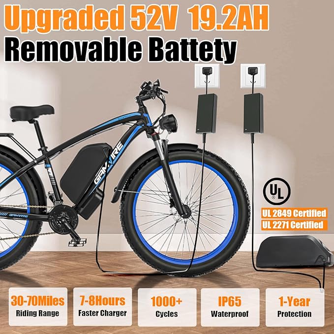 Ebike for Adults Electric, 52V 19.2Ah/32Ah, Peak 2000W/2500W E-Bike, 36/40MPH, 70 Miles/100Miles Long Range, Hydraulic Disc Brake, Off Road Snow Mountain E-Bike, 24"/26" Fat Tire Fast Electric Bicycle