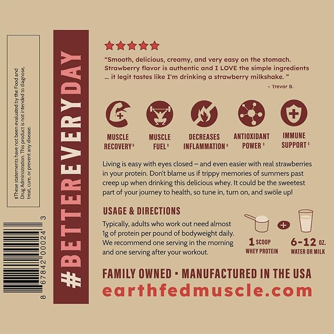 Earth Fed Muscle Strawberry Feels (Forever) – Irish Truly Grass‑Fed Whey Protein Isolate, No Sugar, Soy‑Free, Gluten‑Free (2 lb, 29 Servings, Strawberry)