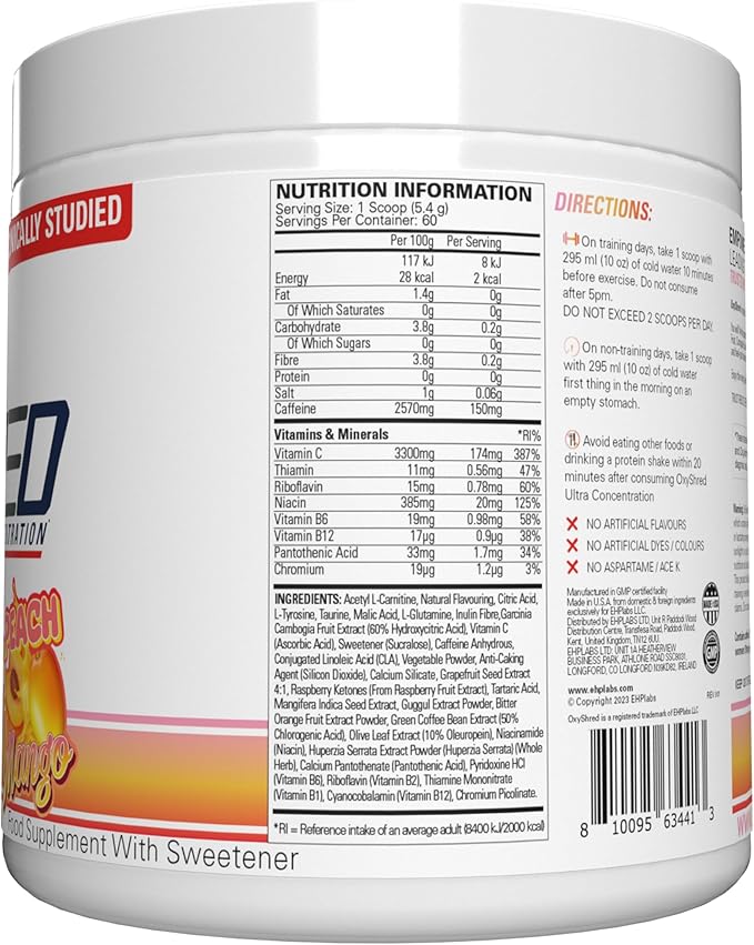 EHP Labs OxyShred Pre Workout Powder - Preworkout Powder with L Glutamine & Acetyl L Carnitine, Energy Boost Drink - Peach Mango, 60 Servings