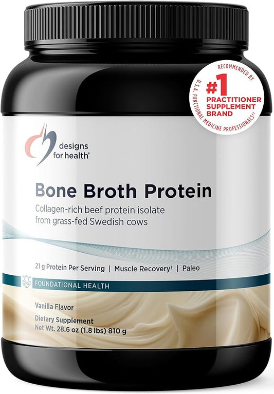 Designs for Health Bone Broth Protein Powder – 21g Grass-Fed, Collagen-Rich Beef Protein Isolate – Vanilla, Paleo, Non-GMO, Dairy-Free (30 Servings / 810g)
